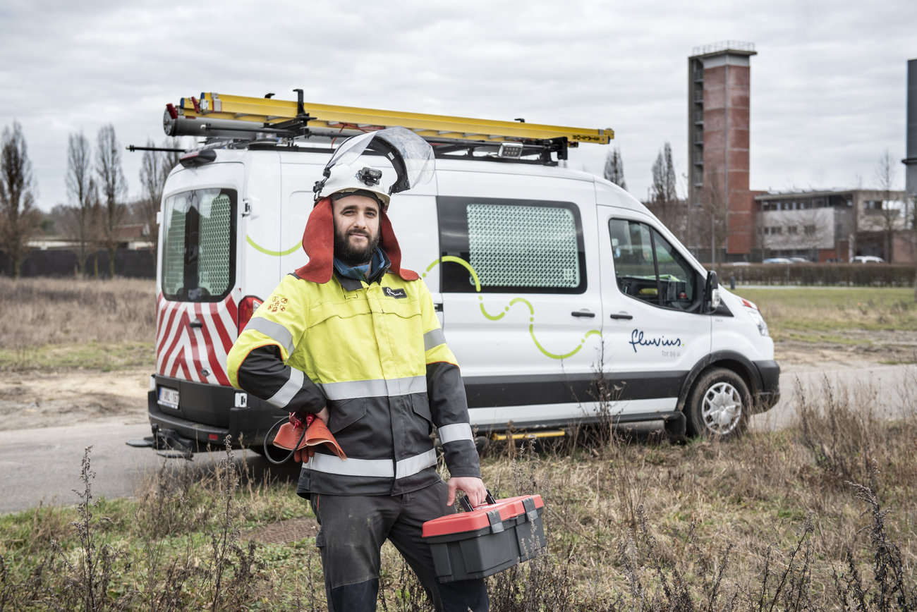 Technician with safety equipment